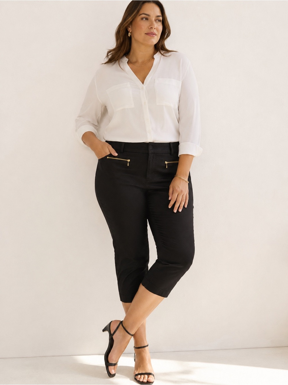 INC International Concepts Black Stretch Crop Capri Pants Gold Zip Size 12